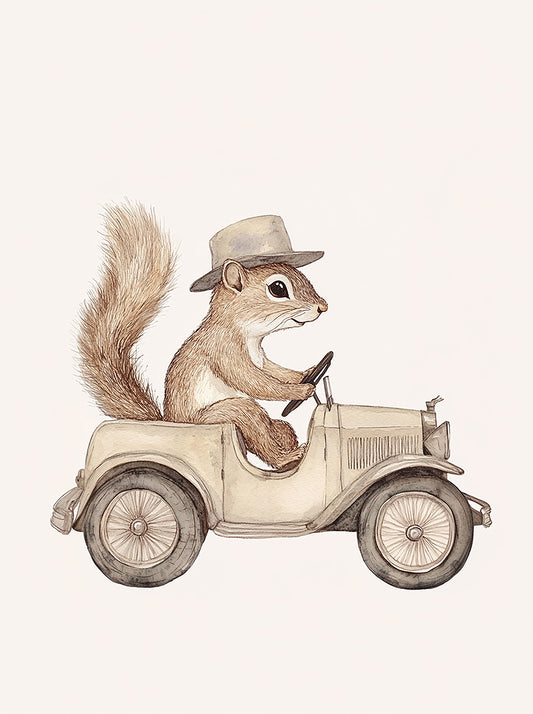 Squirrel Riding a Car Nursery Print