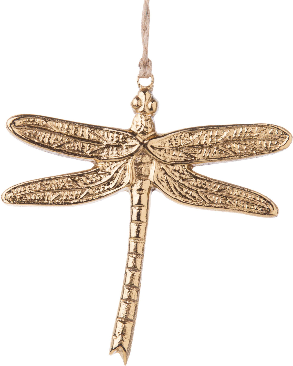 A69075:Cast metal dragonfly orn, shiny gold finish, 5 in