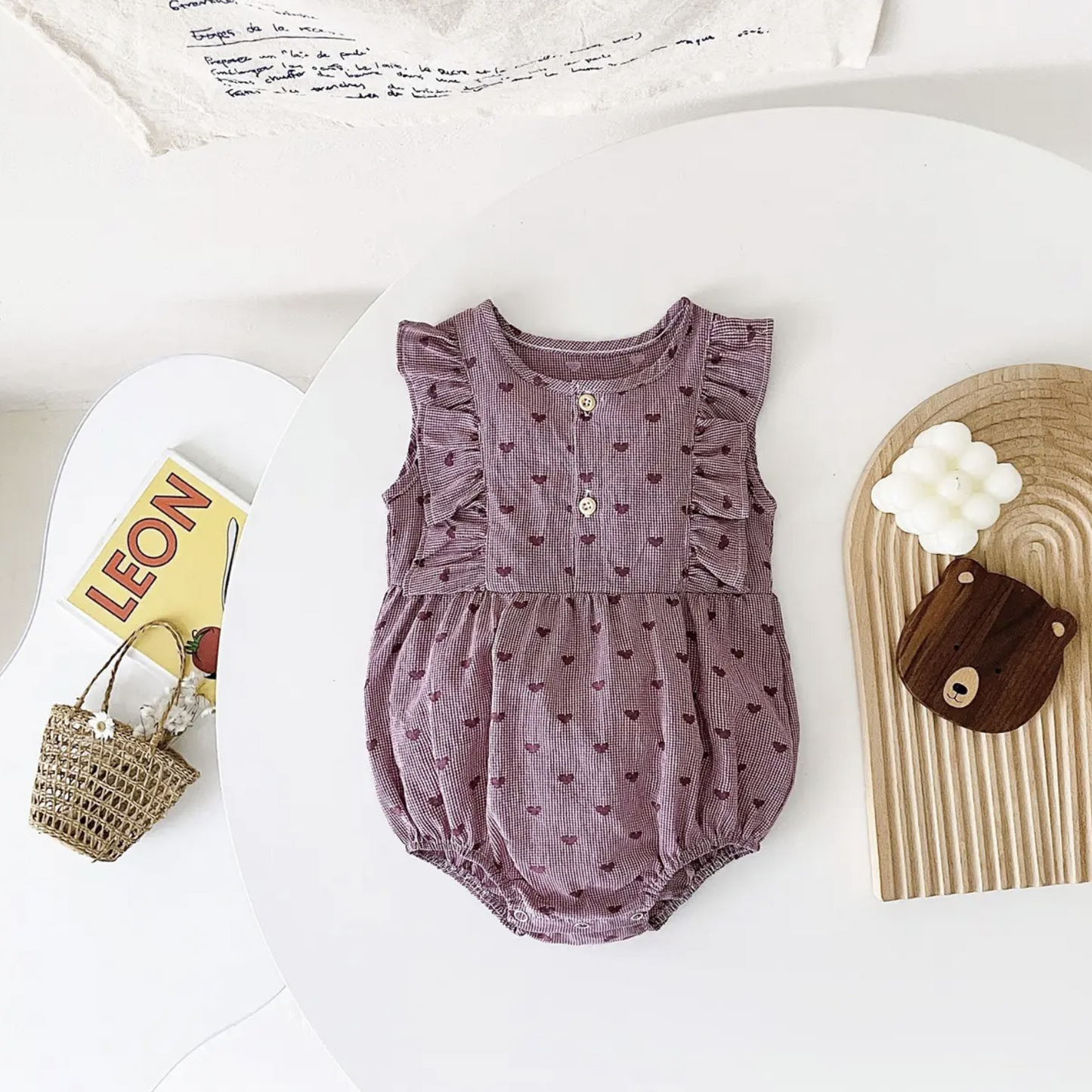 Cotton Sleeveless Ruffle Romper with Hearts