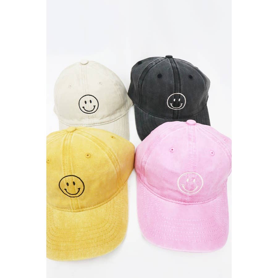 Smile Face Embroidered Washed Baseball Cap