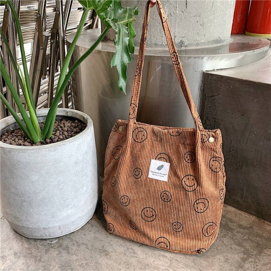 Vintage Corduroy Smiley Face Shoulder Tote Bag