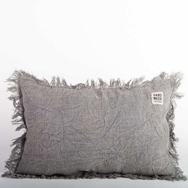 12" x 20" Stone Washed Pillow With Fringes, Grey