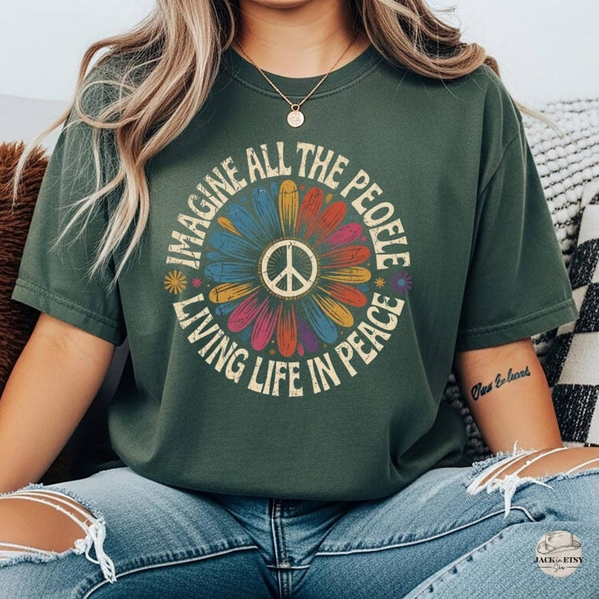 Floral Peace Sign T-Shirt, Imagine All the People, Hippie