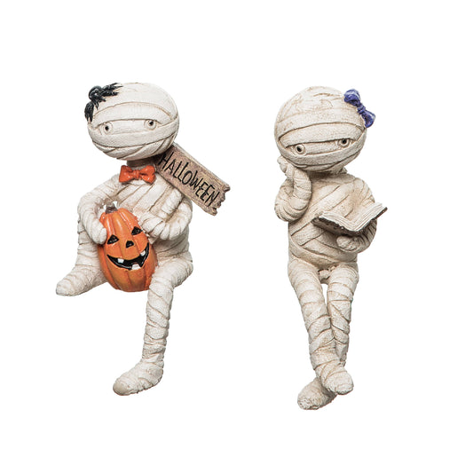 Set of 2 Resin Mummy Sitter Figurines for Halloween Decor