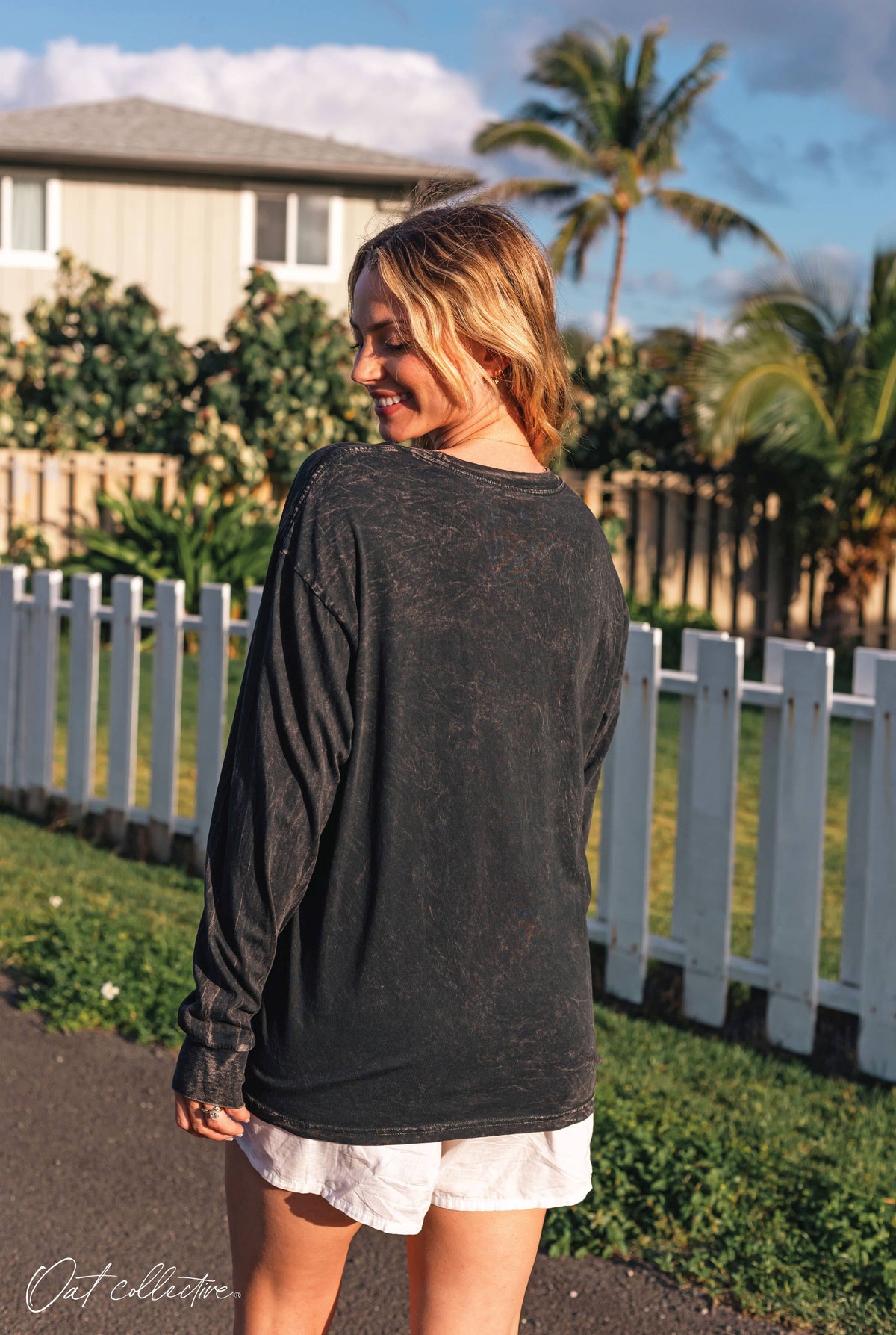 SANTA'S FAVORITE Mineral Washed Long Sleeve Graphic Top