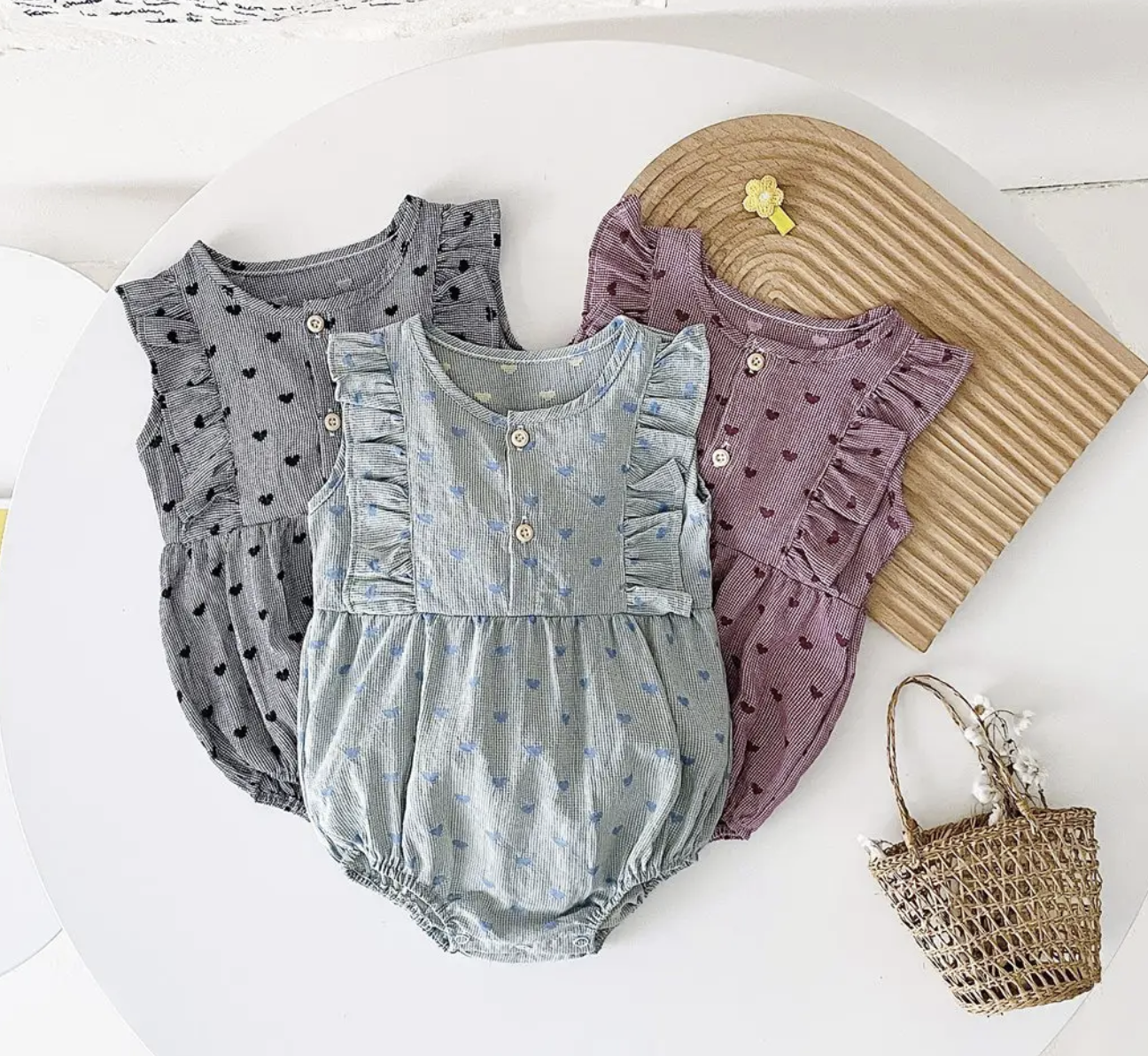 Cotton Sleeveless Ruffle Romper with Hearts