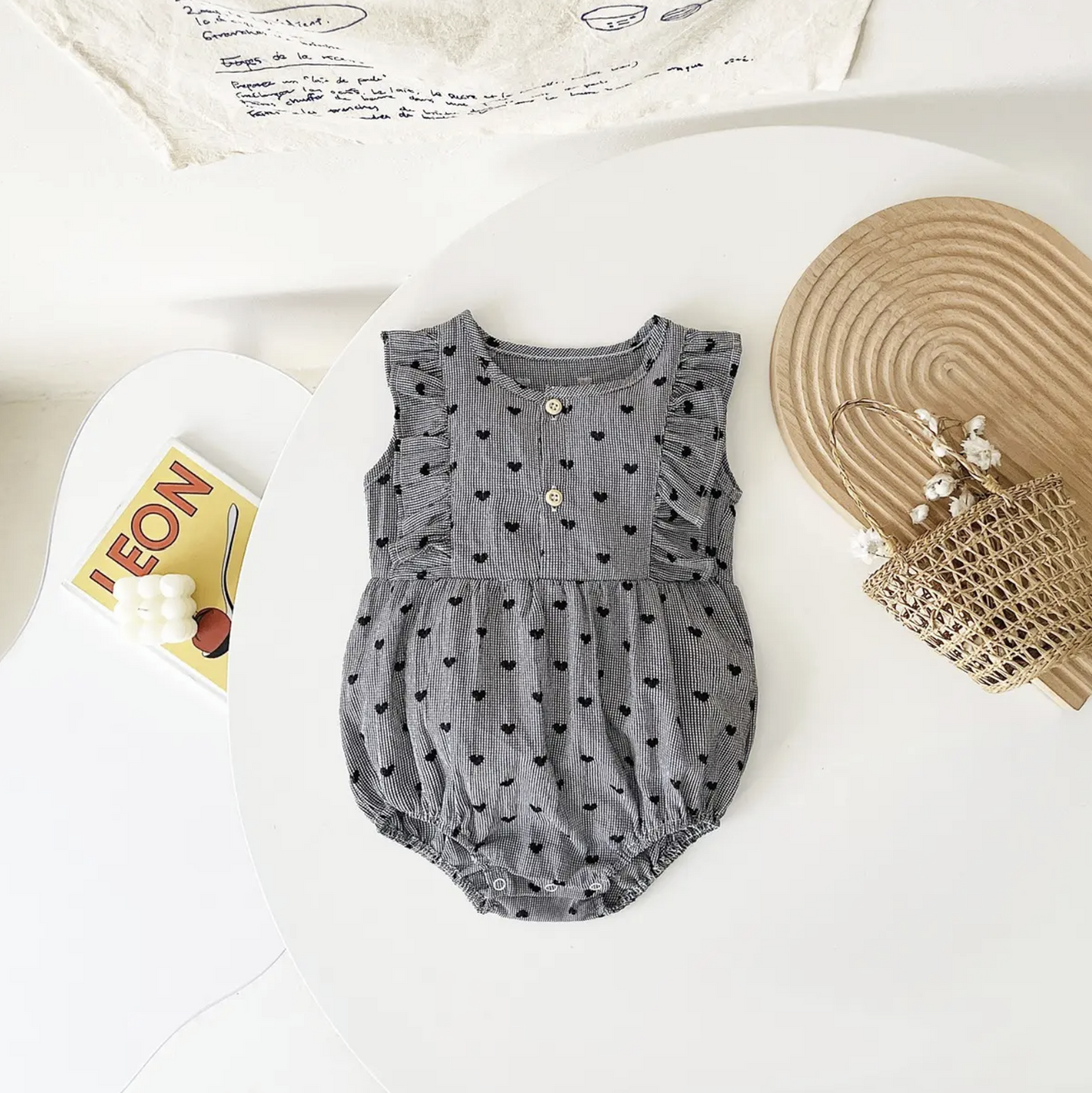Cotton Sleeveless Ruffle Romper with Hearts