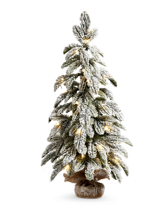 28" Lighted Flocked Pine in Burlap Bag