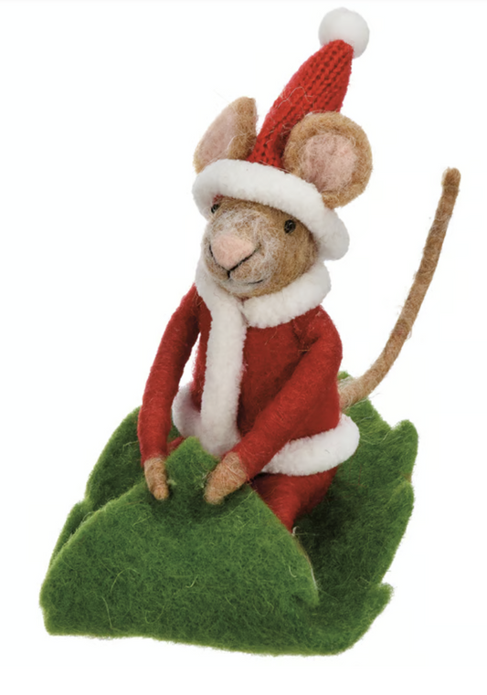 Mouse Sledding on Leaf Ornament