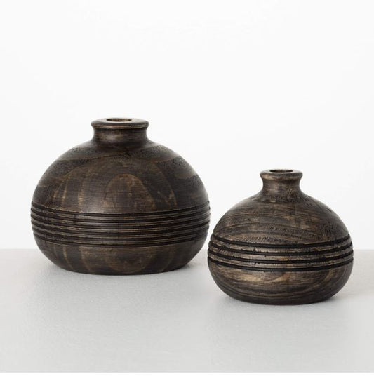 Round Wood Carved Vase