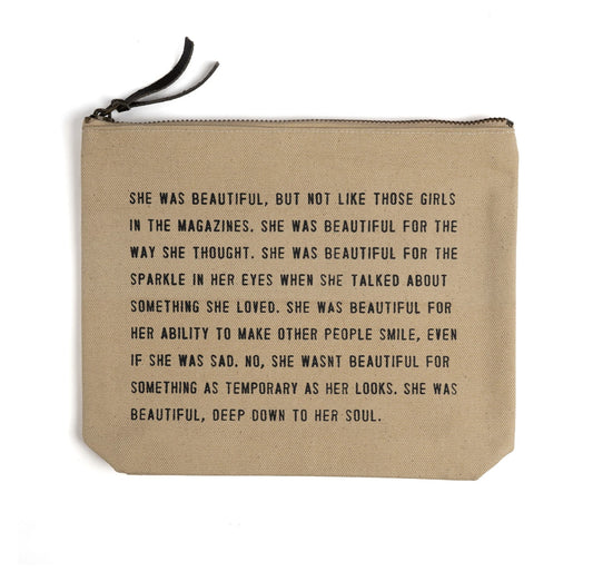 She Was Beautiful Canvas Zip Bag - Flax