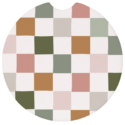 Pink Green Checkers - Car Coasters