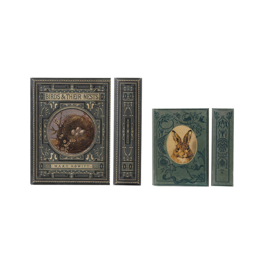 MDF & Canvas Book Storage Boxes with Bird Nest & Rabbit, Set of 2