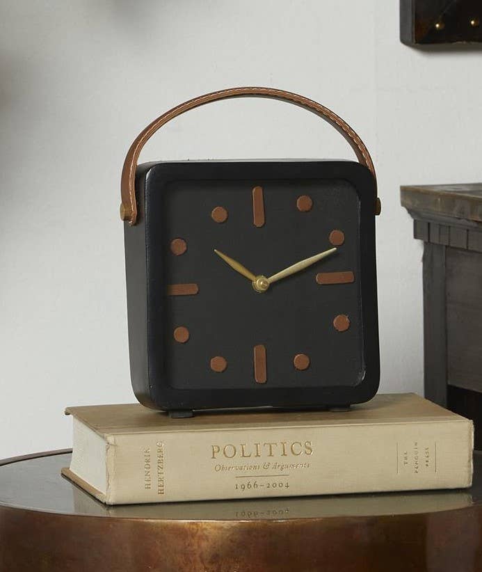 Minimalist Desk Clock with Leather Strap Handle - 8.5"