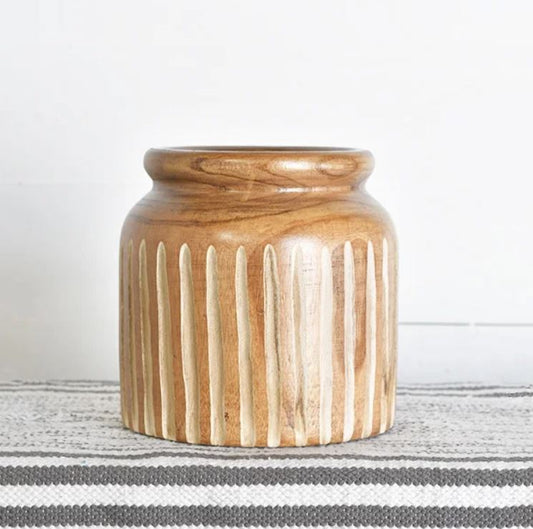 8.75" Round Carved Wood Vase