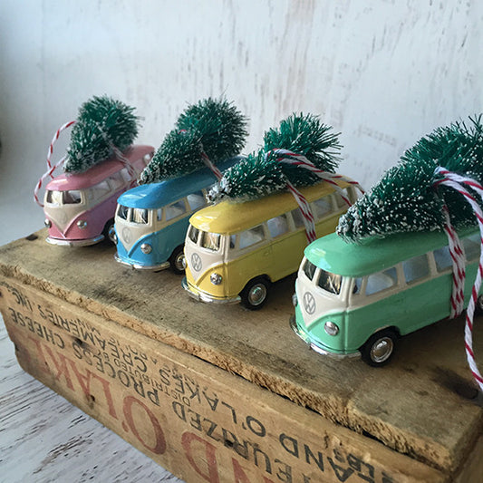Bus Van Christmas Ornament with Tree on Top Pastels
